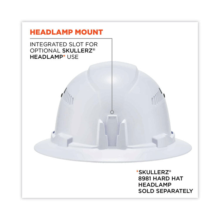 Skullerz 8973 Class C Hard Hat Full Brim, Vented, 4-Point Standard Ratchet Suspension, One Size Fits Most (6.5 to 8), White
