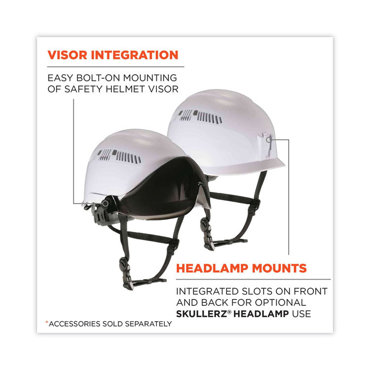 Skullerz 8975 Class C Safety Helmet, Vented, Micro Front Brim, 6-Point Standard Ratchet, One Size Fits Most (6.5 to 8), White