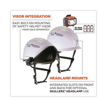 Skullerz 8975LED Class C Safety Helmet with 8981 LED Headlamp, Vented, 6-Point Ratchet Suspension, One Size Fits Most, White