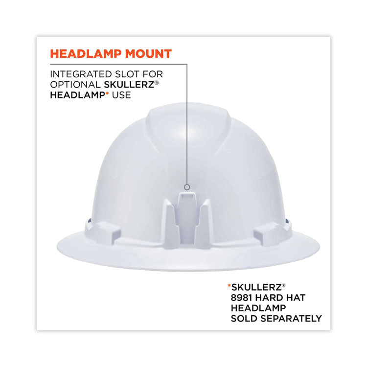 Skullerz 8971 Class E Hard Hat Full Brim, 4-Point Ratchet Suspension, One Size Fits Most (6.5 to 8), White