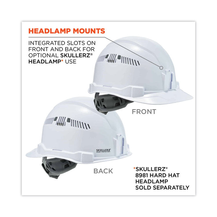 Skullerz 8972 Class C Hard Hat Cap Style, Vented, 4-Point Standard Ratchet Suspension, One Size Fits Most (6.5 to 8), White