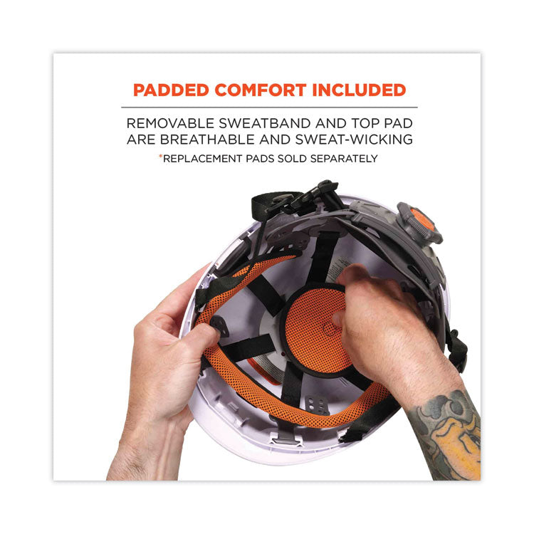 Skullerz 8975LED Class C Safety Helmet with 8981 LED Headlamp, Vented, 6-Point Ratchet Suspension, One Size Fits Most, White