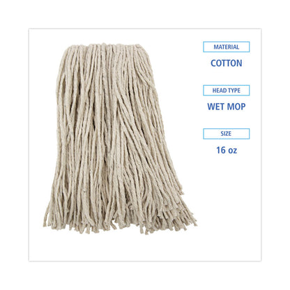 Premium Cut-End Wet Mop Heads, Cotton, 16 oz, White, 12/Carton