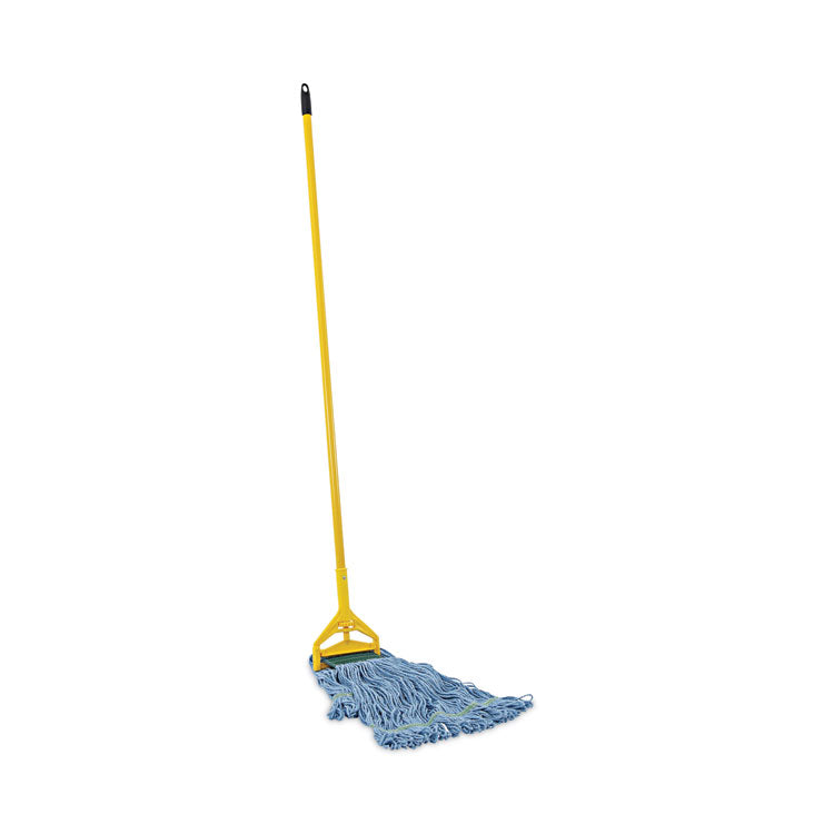 Looped End Mop Kit, Medium Blue Cotton/Rayon/Synthetic Head, 60" Yellow Metal/Polypropylene Handle
