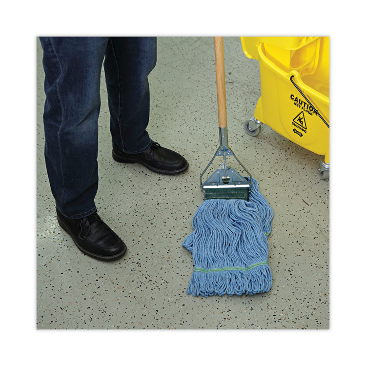 Looped End Mop Kit, Medium Blue Cotton/Rayon/Synthetic Head, 60" Yellow Metal/Polypropylene Handle