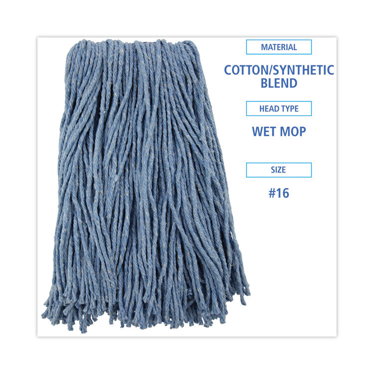 Mop Head, Standard Head, Cotton/Synthetic Fiber, Cut-End, #16, Blue, 12/Carton