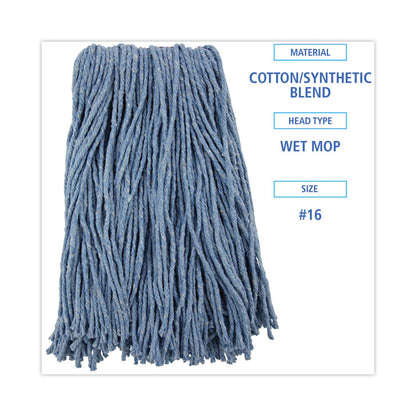 Mop Head, Standard Head, Cotton/Synthetic Fiber, Cut-End, #16, Blue, 12/Carton
