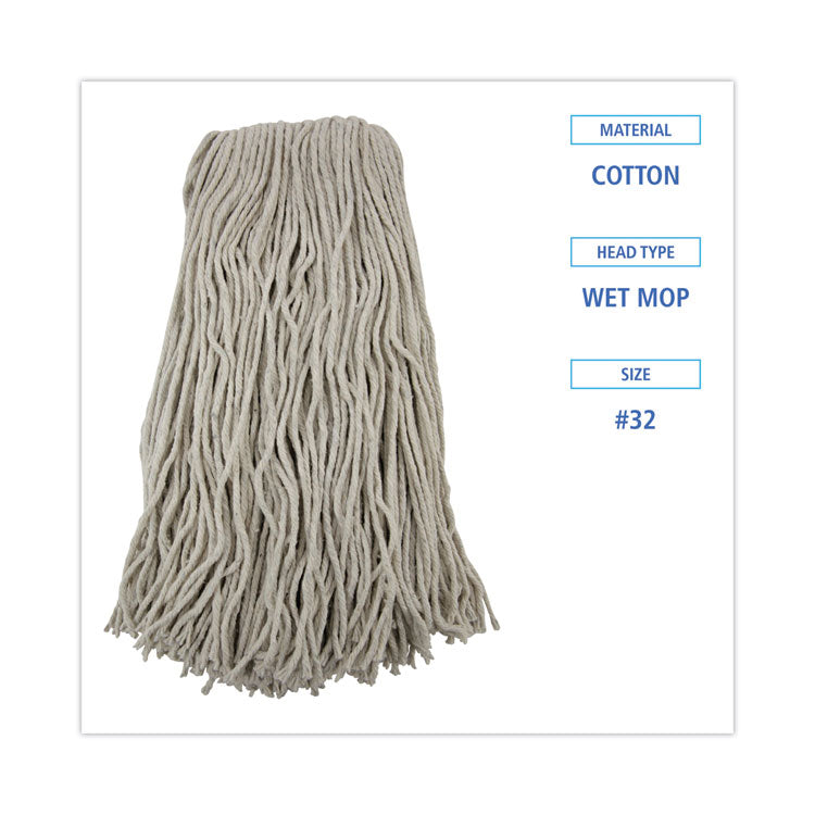 Cut-End Wet Mop Head, Cotton, #32, White, 12/Carton