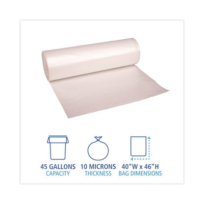 High-Density Can Liners, 45 gal, 10 mic, 40" x 46", Natural, Perforated Roll, 25 Bags/Roll, 10 Rolls/Carton