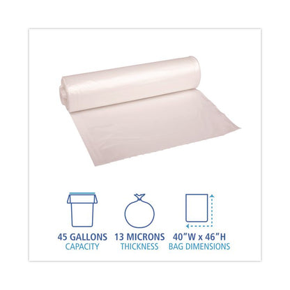 High-Density Can Liners, 45 gal, 13 mic, 40" x 46", Natural, Perforated Roll, 25 Bags/Roll, 10 Rolls/Carton