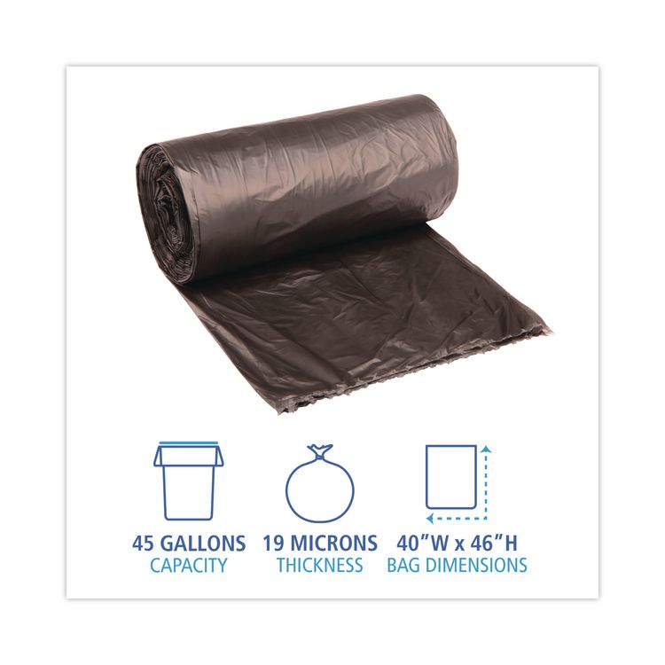 High-Density Can Liners, 45 gal, 19 mic, 40" x 46", Black, Perforated Roll, 25 Bags/Roll, 6 Rolls/Carton