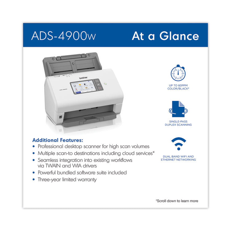 ADS-4900W Professional Desktop Scanner, 600 dpi Optical Resolution, 100-Sheet Auto Document Feeder