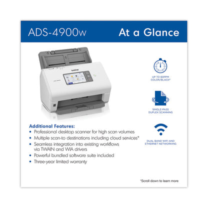 ADS-4900W Professional Desktop Scanner, 600 dpi Optical Resolution, 100-Sheet Auto Document Feeder