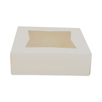 White Window Bakery Boxes with Attached Flip Top, 4-Corner Beers Design, 8 x 8 x 2.5, White, Paper, 200/Carton