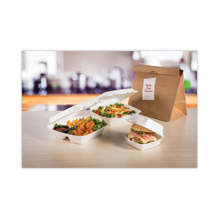 Insulated Foam Hinged Lid Containers, 3 Compartments, 9.3 x 9.5 x 3, White, 100/Sleeve, 2 Sleeves/Carton