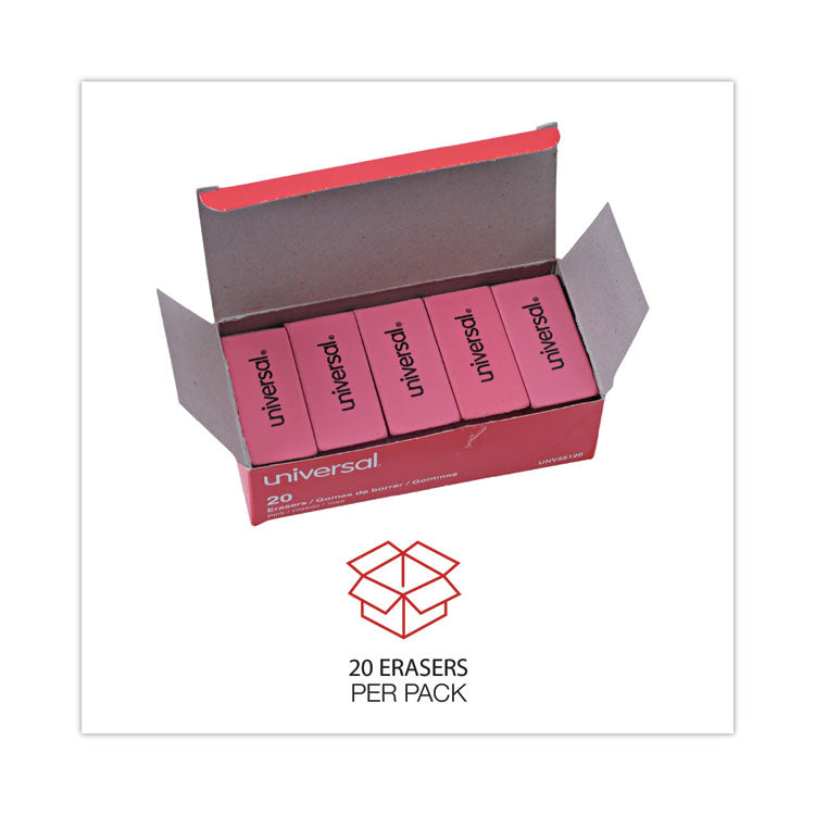 Bevel Block Erasers, For Pencil Marks, Slanted-Edge Rectangular Block, Large, Pink, 20/Pack