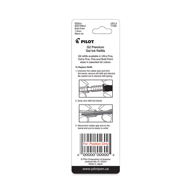 Refill for Pilot G2 Gel Ink Pens, Bold Conical Tip, Black Ink, 2/Pack