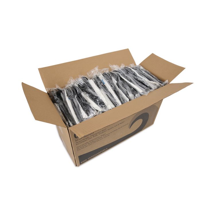 Six-Piece Cutlery Kit, Heavyweight, Fork/Knife/Napkin/Pepper/Salt/Spoon, Plastic, Black, 250/Carton
