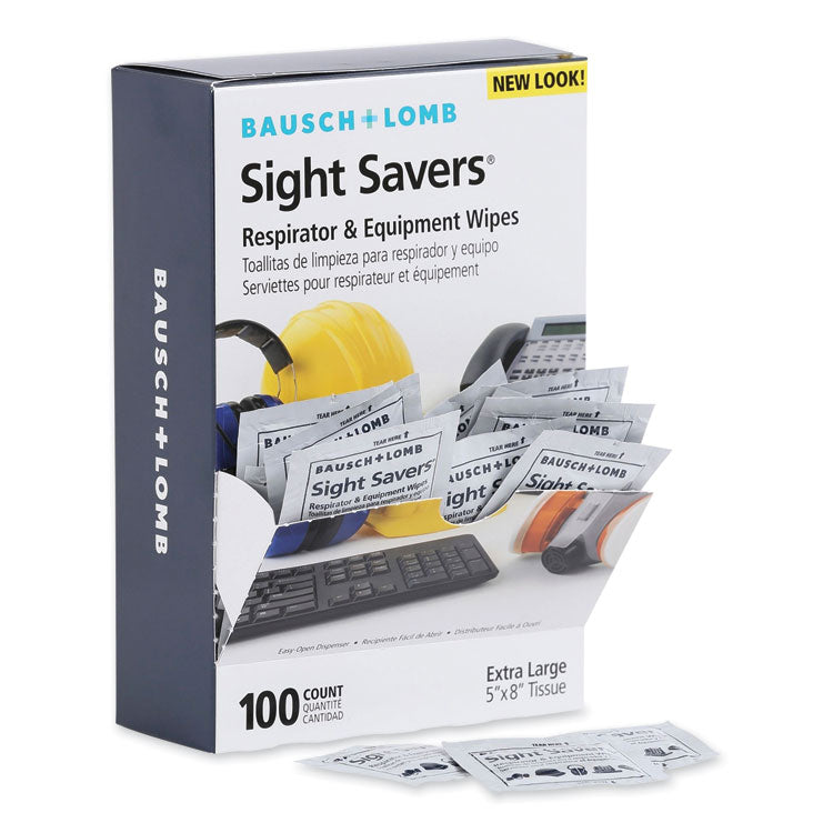 Sight Savers Respirator and Equipment Wipes, Cloth, 5 x 8, Unscented, White, 100/Box
