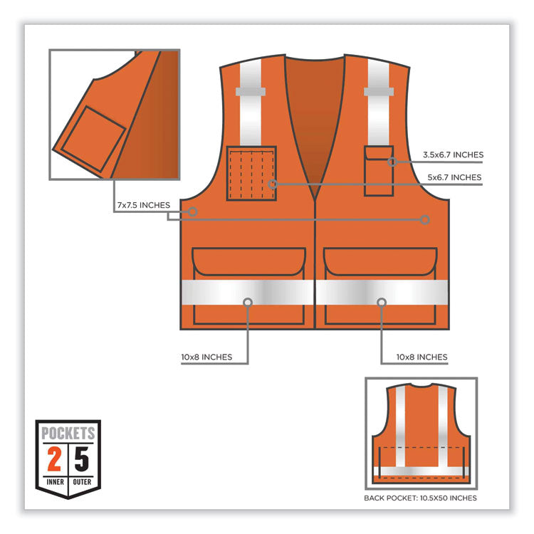 GloWear 8250Z Class 2 Surveyors Zipper Vest, Polyester, Small/Medium, Orange