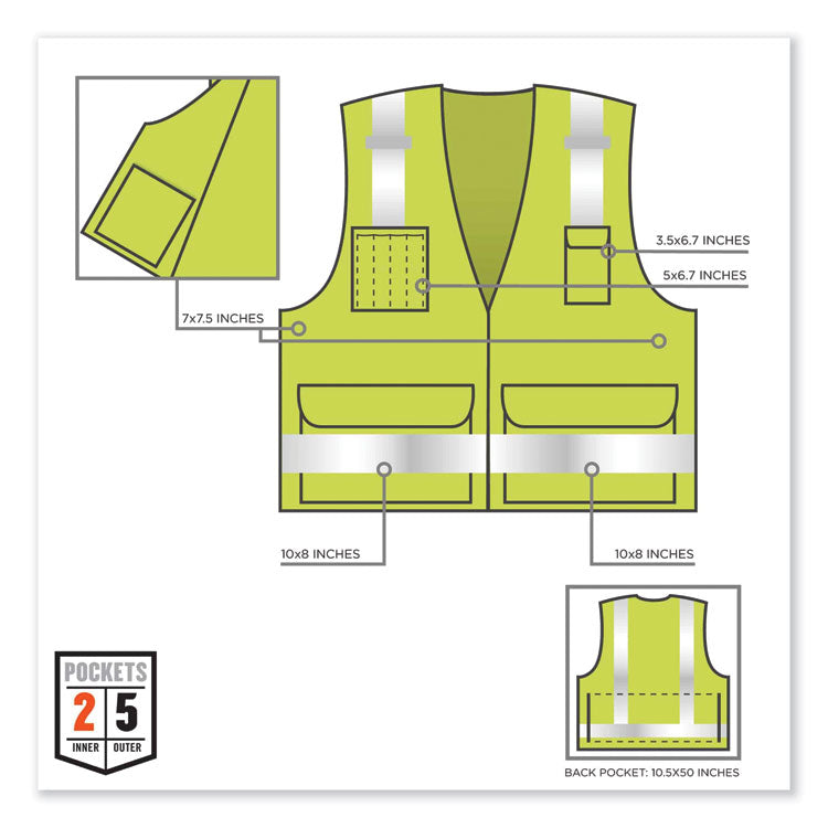 GloWear 8250Z Class 2 Surveyors Zipper Vest, Polyester, Large/X-Large, Lime