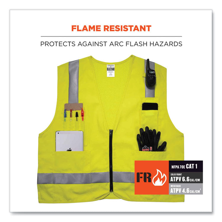 GloWear 8262FRZ Class 2 FR Surveyor Zipper Vest, Tencel/Modacrylic/Para-aramid/Kevlar, Large/X-Large, Lime