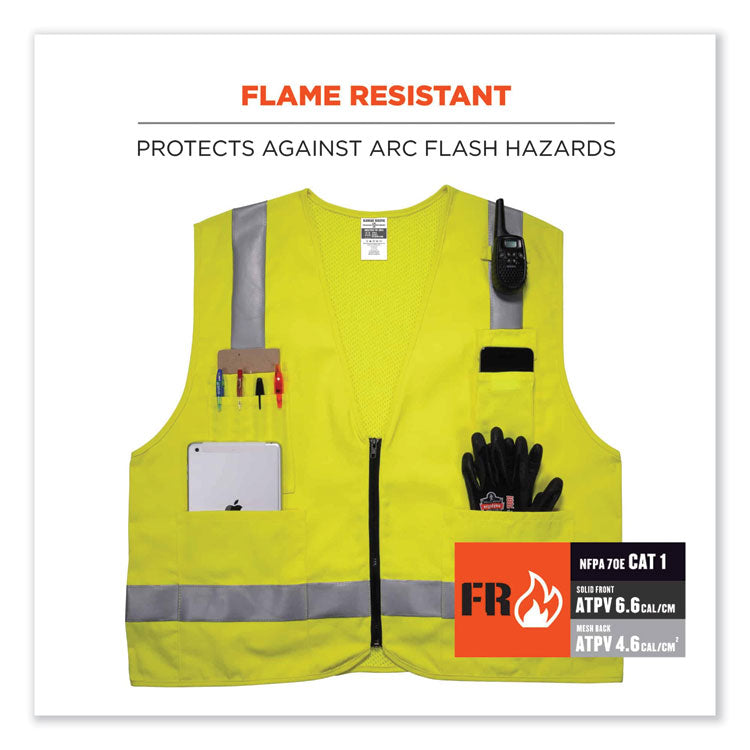 GloWear 8262FRZ Class 2 FR Surveyor Zip Vest, Tencel/Modacrylic/Para-aramid/Kevlar, 4X-Large/5X-Large, Lime