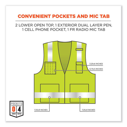 GloWear 8262FRZ Class 2 FR Surveyor Zip Vest, Tencel/Modacrylic/Para-aramid/Kevlar, 4X-Large/5X-Large, Lime