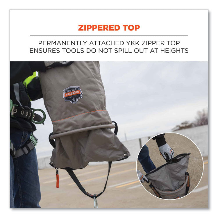 Arsenal 5973 Hoist Bucket Tool Bag with D-Rings and Zipper Top, 150 lb, Gray