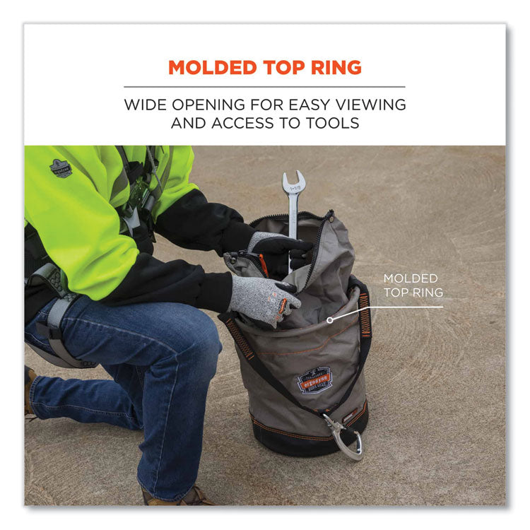 Arsenal 5974 Hoist Bucket Tool Bag with Swiveling Carabiner and Zipper Top, 150 lb, Gray