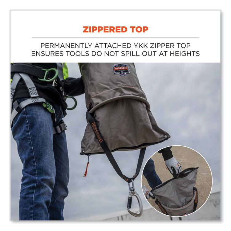 Arsenal 5976 XL Hoist Bucket Tool Bag with Swiveling Carabiner and Zipper Top, 150 lb, Gray