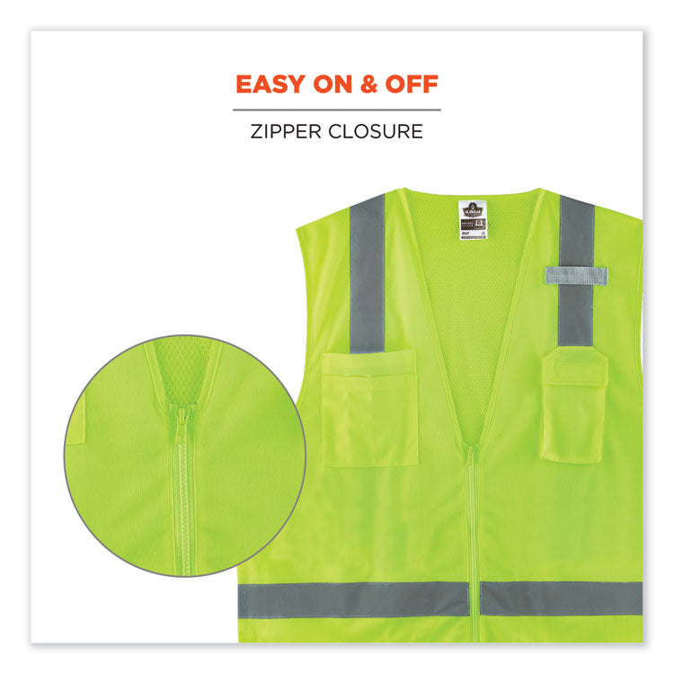 GloWear 8249Z Class 2 Economy Surveyors Zipper Vest, Polyester, Large/X-Large, Lime