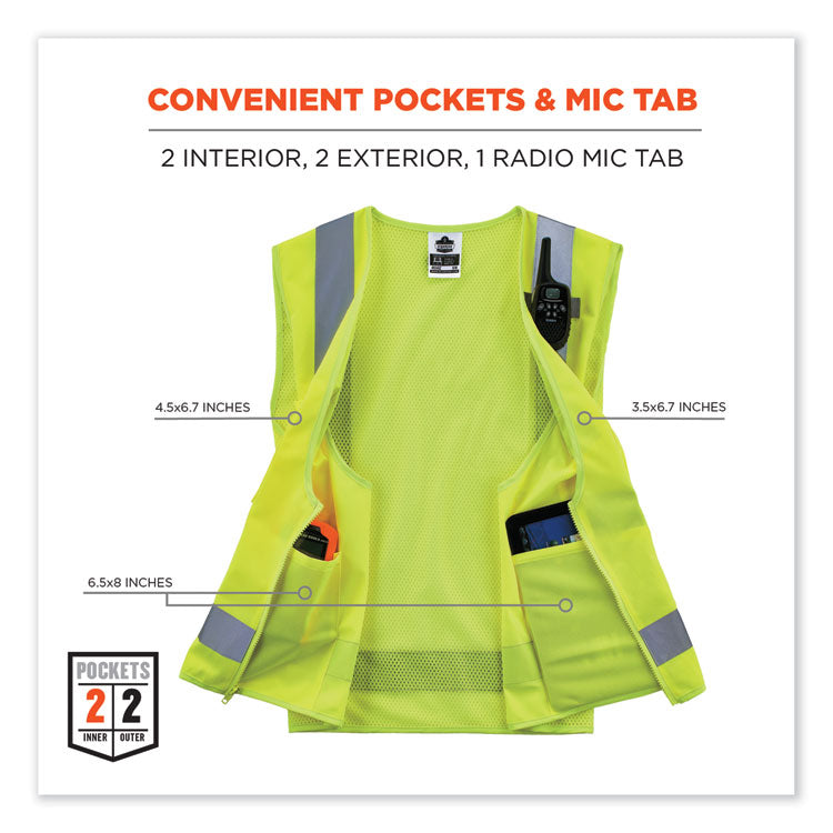GloWear 8249Z Class 2 Economy Surveyors Zipper Vest, Polyester, 4X-Large/5X-Large, Lime