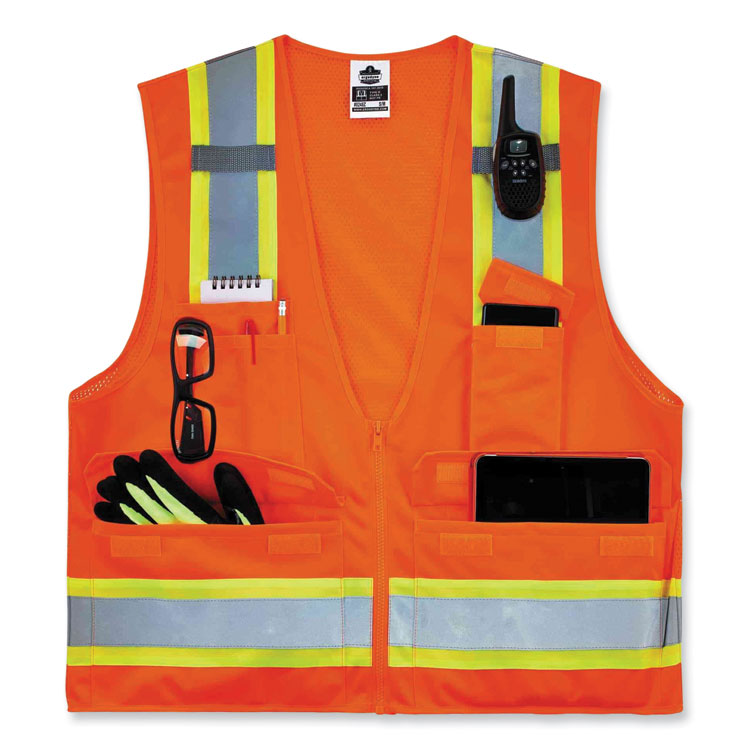 GloWear 8248Z Class 2 Two-Tone Surveyors Zipper Vest, Polyester, 4X-Large/5X-Large, Orange