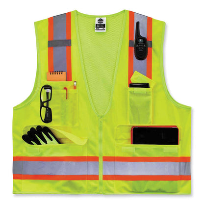 GloWear 8248Z Class 2 Two-Tone Surveyors Zipper Vest, Polyester, 4X-Large/5X-Large, Lime