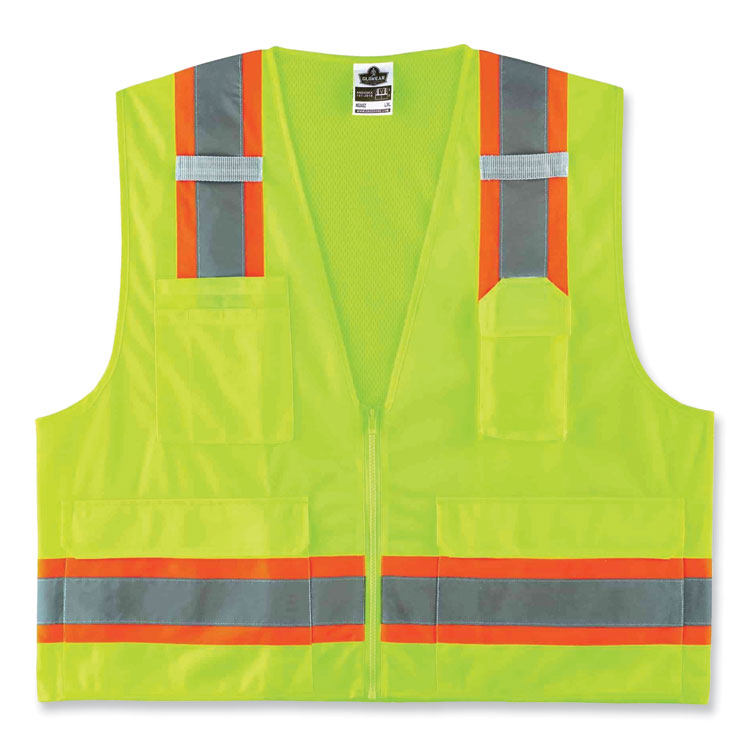 GloWear 8248Z Class 2 Two-Tone Surveyors Zipper Vest, Polyester, 4X-Large/5X-Large, Lime