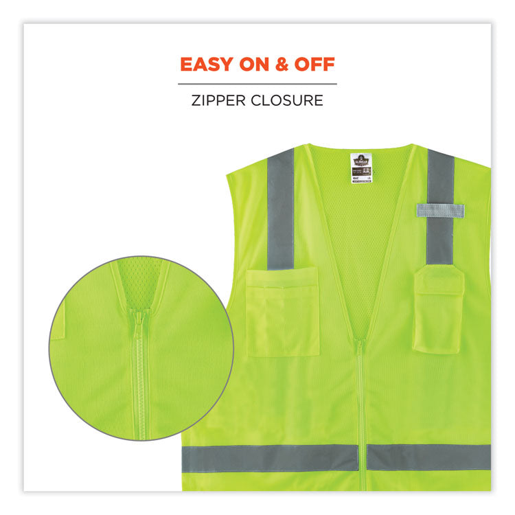GloWear 8249Z-S Single Size Class 2 Economy Surveyors Zipper Vest, Polyester, X-Small, Lime