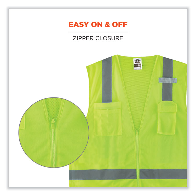 GloWear 8249Z-S Single Size Class 2 Economy Surveyors Zipper Vest, Polyester, Small, Lime