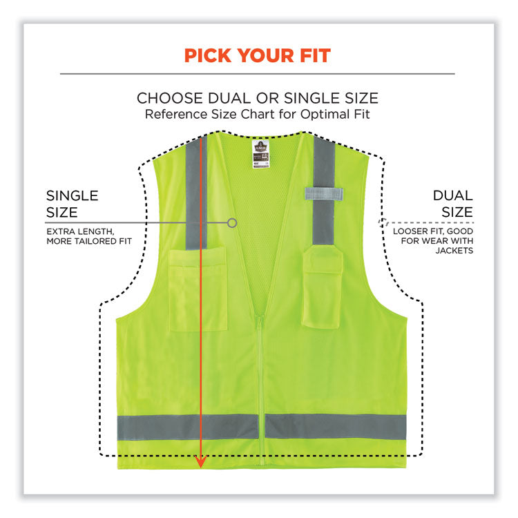 GloWear 8249Z-S Single Size Class 2 Economy Surveyors Zipper Vest, Polyester, Small, Lime