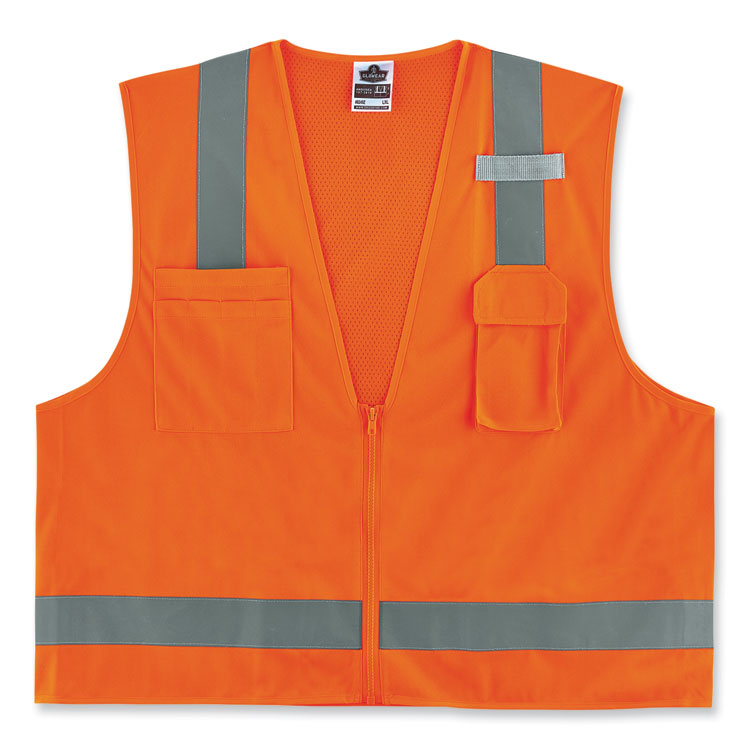 GloWear 8249Z-S Single Size Class 2 Economy Surveyors Zipper Vest, Polyester, Large, Orange