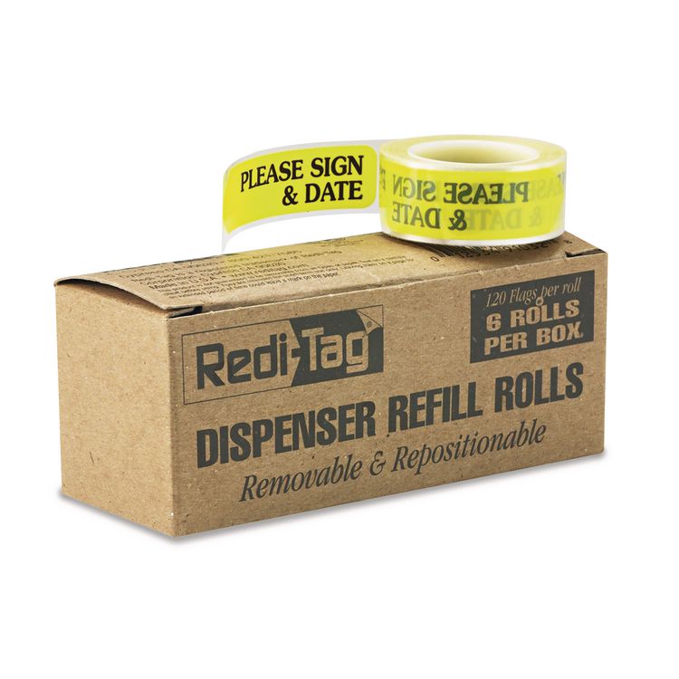 Arrow Message Page Flag Refills, "Please Sign and Date", Yellow, 120/Roll, 6 Rolls