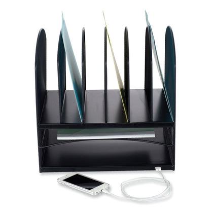 Powered Onyx Desk Organizer with 2 Horizontal and 6 Upright Sections, Letter Size Files, 13.5 x 11.5 x 13, Black