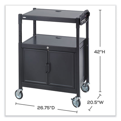 Steel Adjustable AV Cart with Cabinet, Metal, 3 Shelf, 6 AC Outlets, 40 lb Capacity, 26.75 x 20.5 x 42, Black