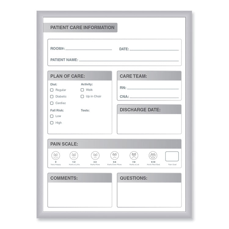 Patient Room Magnetic Whiteboard, Hospital Patient Chart, 24" x 36", White/Gray Surface, Satin Aluminum Frame