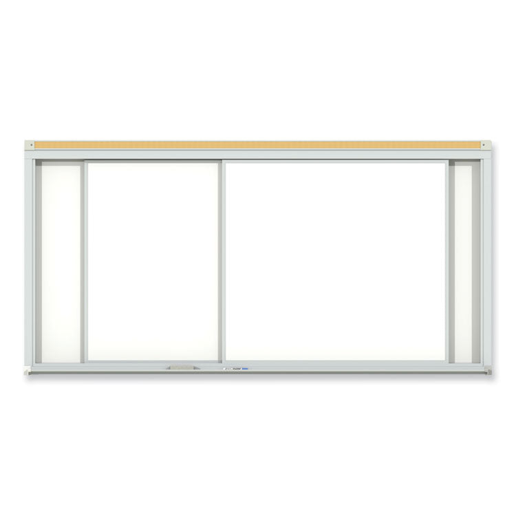 Horizontal Sliding Porcelain Magnetic Whiteboard, 96" x 48", White Surface, Anodized Aluminum Frame