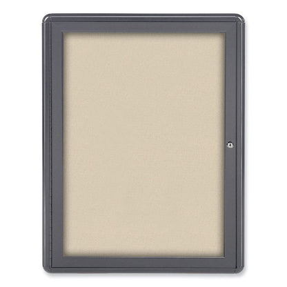Ovation 1 Door Enclosed Fabric Bulletin Board, 24.13" x 33.75", Beige Surface, Powder-Coated Gray Aluminum Frame