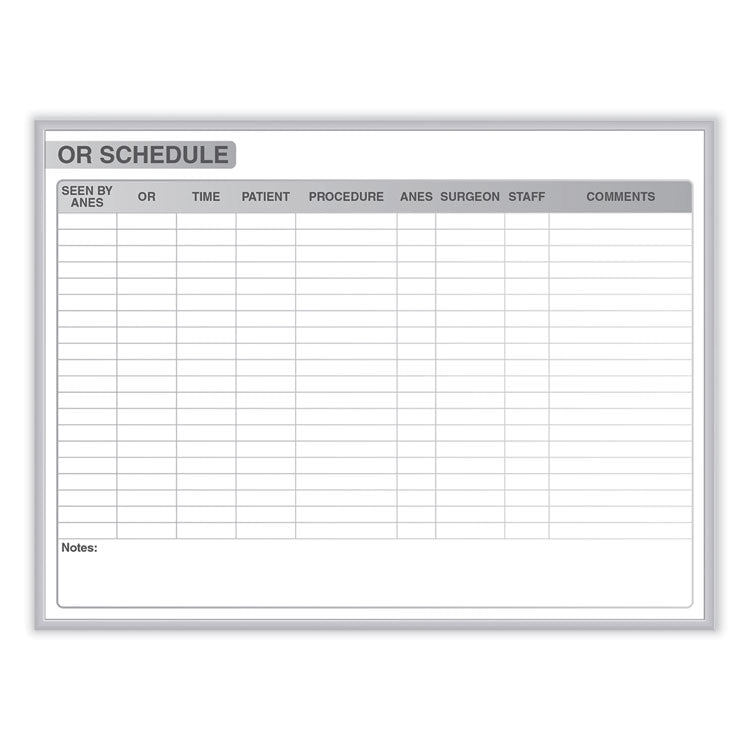 OR Schedule Magnetic Whiteboard, Operating Room Scheduling Chart, 48.5" x 36.5", White/Gray Surface, Satin Aluminum Frame