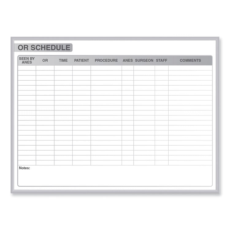 OR Schedule Magnetic Whiteboard, Operating Room Scheduling Chart, 72.5" x 48.5", White/Gray Surface, Satin Aluminum Frame