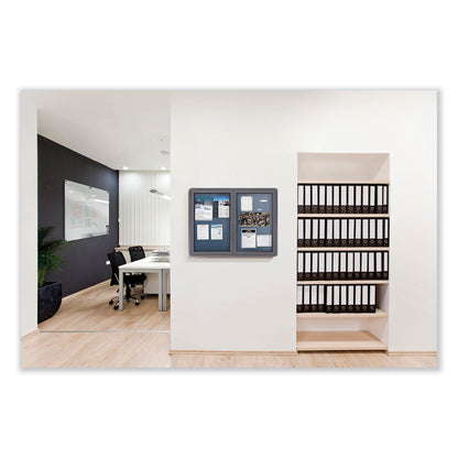 Ovation 1 Door Enclosed Fabric Bulletin Board, 24.13" x 33.75", Beige Surface, Powder-Coated Gray Aluminum Frame