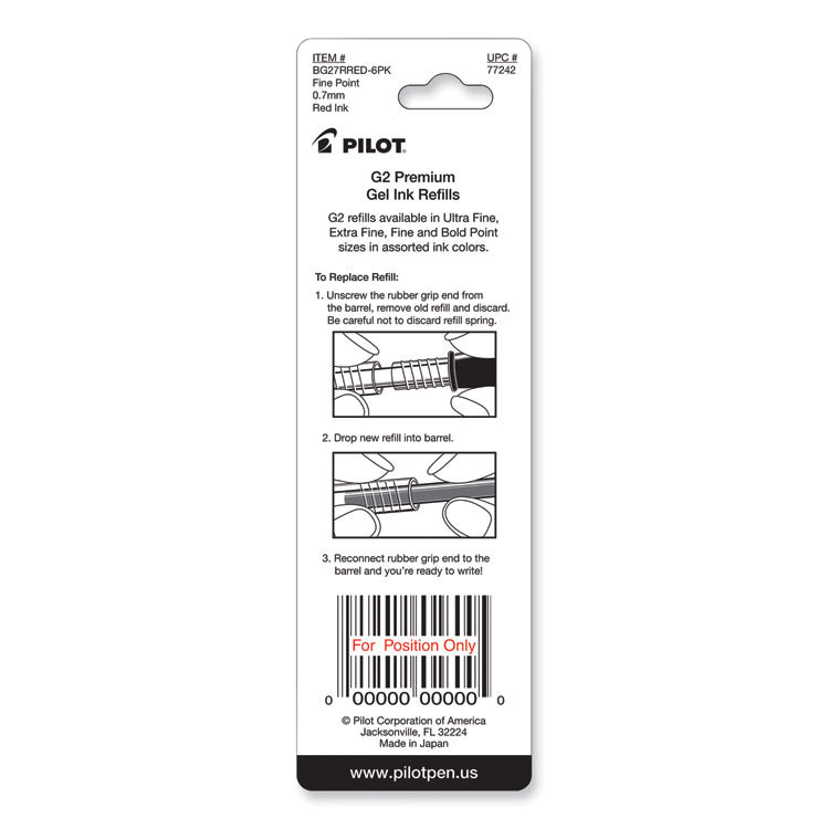 Refill for Pilot B2P, Dr Grip, G2, G6, MR Metropolitan, Precise BeGreen and Q7 Gel Pens, Fine Tip, Red Ink, 2/Pack